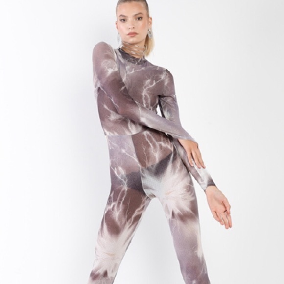PURPLE GREY LIGHTNING PRINT MOCK NECK LONG SLEEVE FITTED CATSUIT JUMPSUIT - Picture 2 of 4